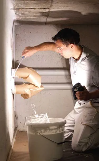 Amatnieks izgaismo šauru, tumšu telpu ar Festool Darba lukturi vienā rokā un instrumentu otrā.